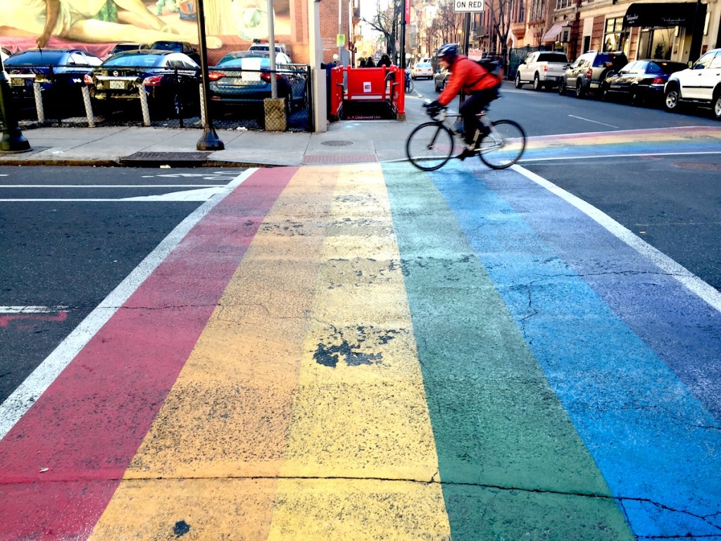 The Gayborhood's rainbow crosswalks at 13th and Locust.