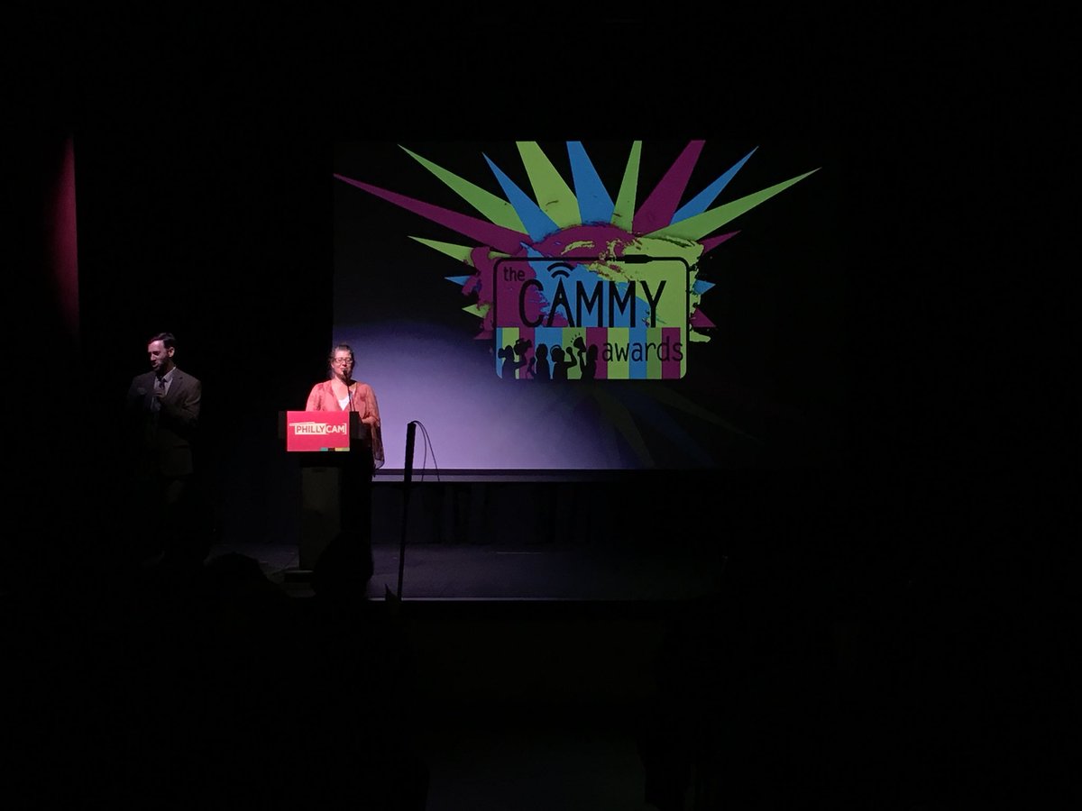 Gretjen Clausing, executive director of PhillyCAM, speaking at the Cammy Awards. (Photo via twitter.com/PhillyCAM)